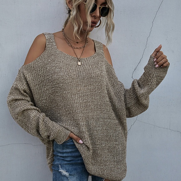 khaki oversized  cold shoulder knit fall sweater - Picture 8 of 11